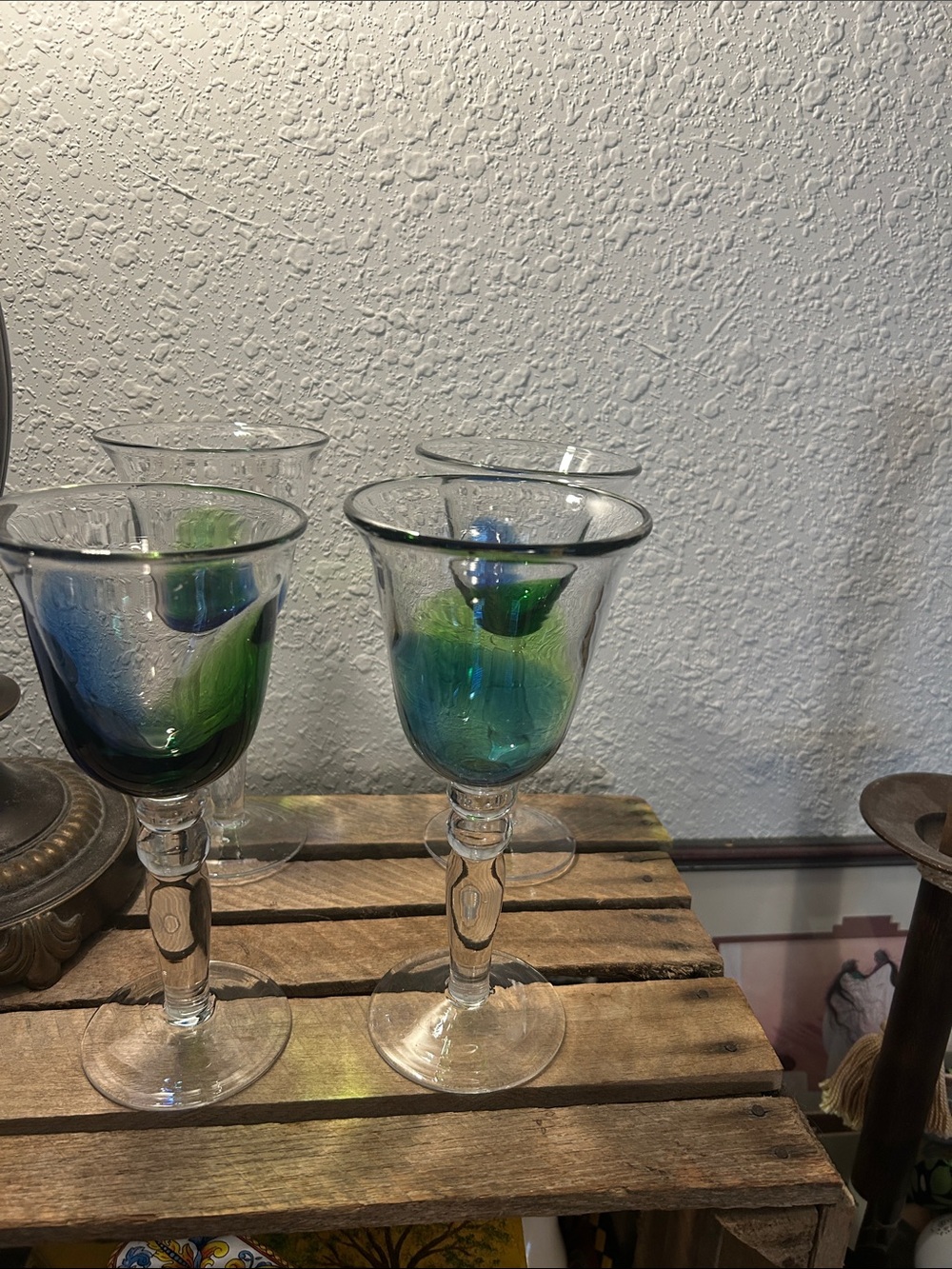 Hand-Blown Blue-Green Glass Wine Goblets - Set of 4